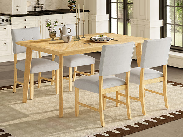 English Elm 5 Piece Dining Set Rustic Farmhouse Rectangular Table with 4 Upholstered Chairs Solid Wood Seats for 4 Natural Wood Wash N752S400015D