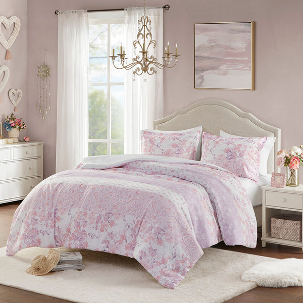 JLA Home Intelligent Design - Floral Vintage Paisley Duvet Cover Set with Antimicrobial OEKO‑TEX Fabric, Button Closure & Ties 90 L x 88 W x 0.13H ID12-2325