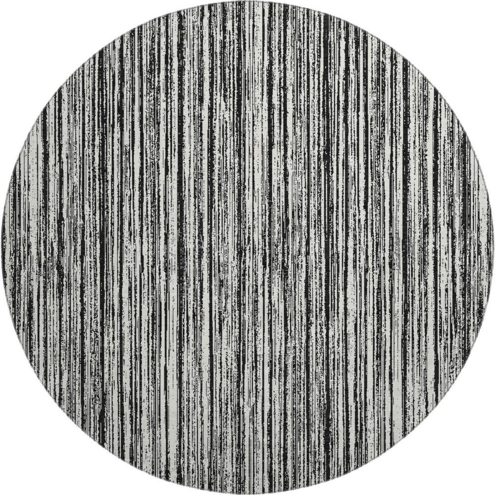 HomeRoots 8' Black And Ivory Striped Round Rug - Washable, UV-Protected, Durable for Homes with Kids & Pets 663801