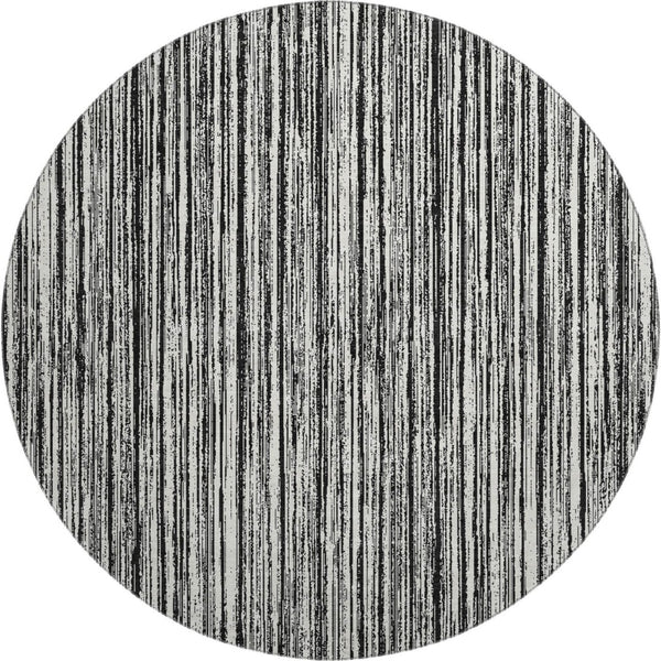 HomeRoots 8' Black And Ivory Striped Round Rug - Washable, UV-Protected, Durable for Homes with Kids & Pets 663801