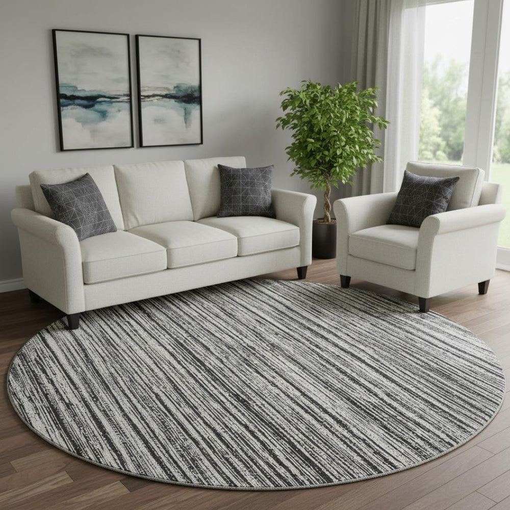 HomeRoots 8' Black And Ivory Striped Round Rug - Washable, UV-Protected, Durable for Homes with Kids & Pets 663801