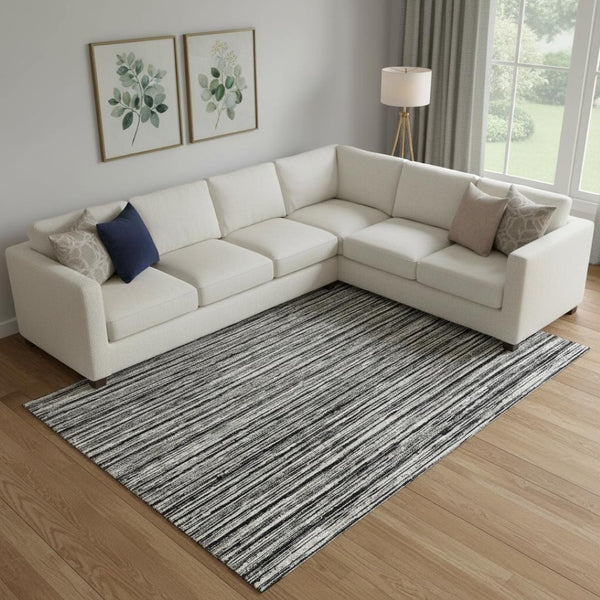 HomeRoots 9' X 12' Black and Ivory Striped Area Rug - Durable, Washable, and UV-Protected for Modern Living Spaces 663803