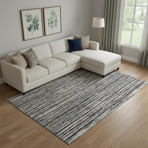 HomeRoots 10' Black and Ivory Striped Washable Area Rug - Stain Resistant, UV Protected for Busy Homes! 663804