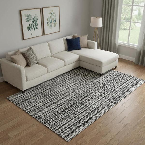 HomeRoots 10' Black and Ivory Striped Washable Area Rug - Stain Resistant, UV Protected for Busy Homes! 663804