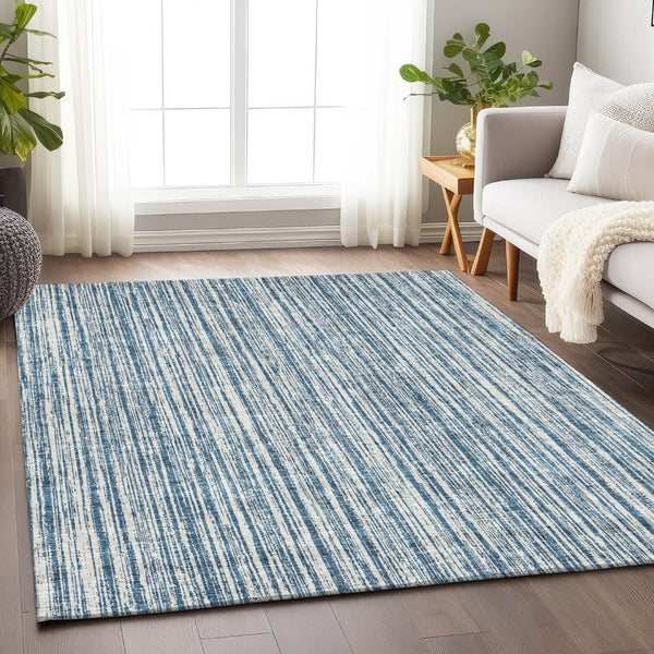 HomeRoots 5' X 8' Blue And Ivory Striped Area Rug - Washable, UV Protected, Stain-Resistant, Durable Design 663806