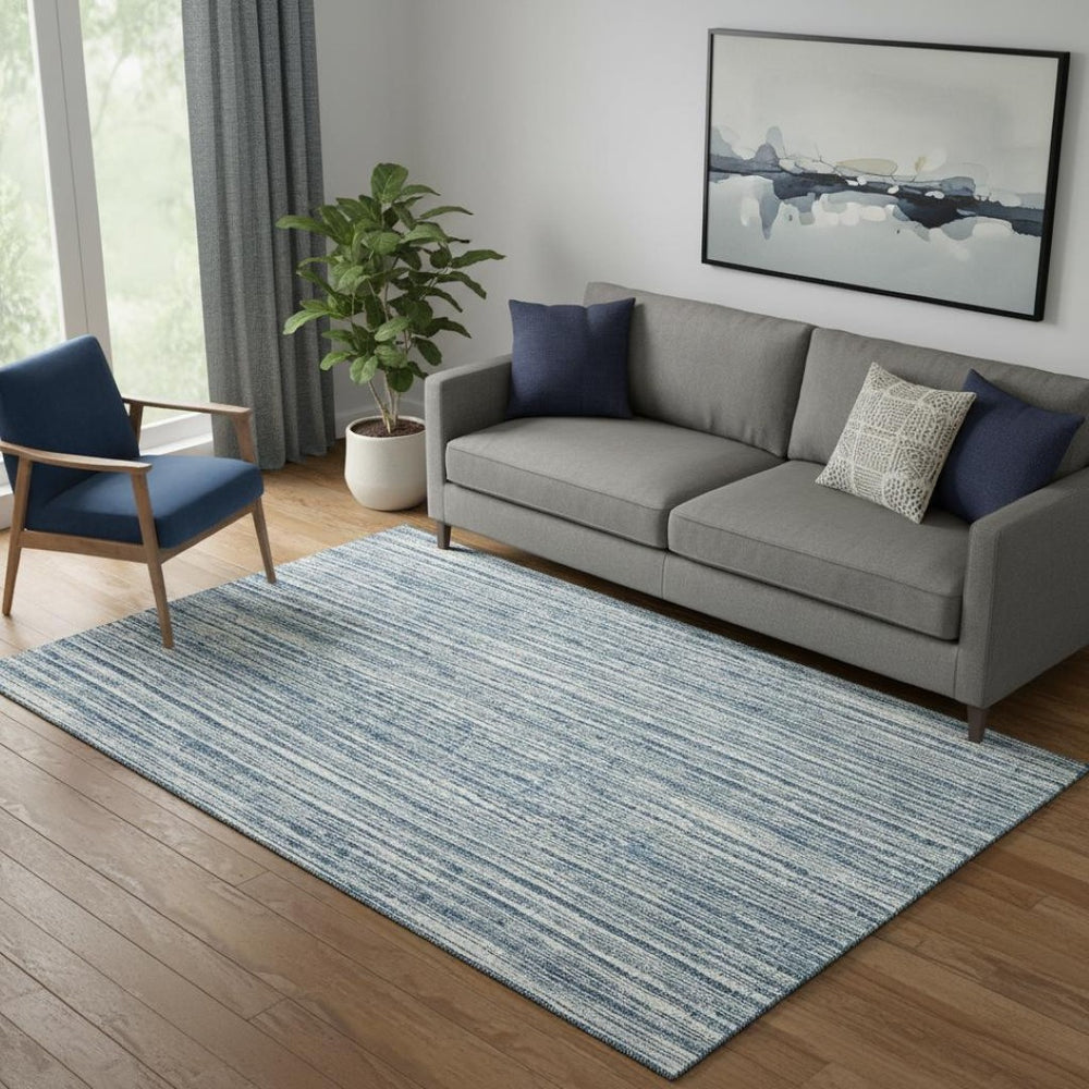 HomeRoots 5' X 8' Blue And Ivory Striped Area Rug - Washable, UV Protected, Stain-Resistant, Durable Design 663806
