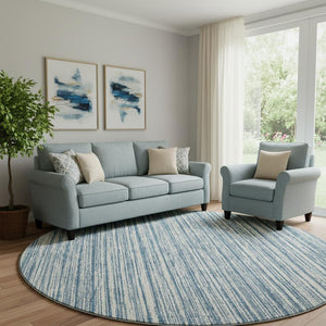 HomeRoots 8' Blue And Ivory Striped Round Rug - Washable, UV Protected, Durable Design for High-Traffic Spaces 663807