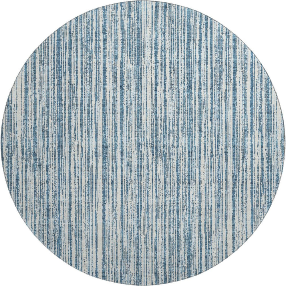 HomeRoots 8' Blue And Ivory Striped Round Rug - Washable, UV Protected, Durable Design for High-Traffic Spaces 663807