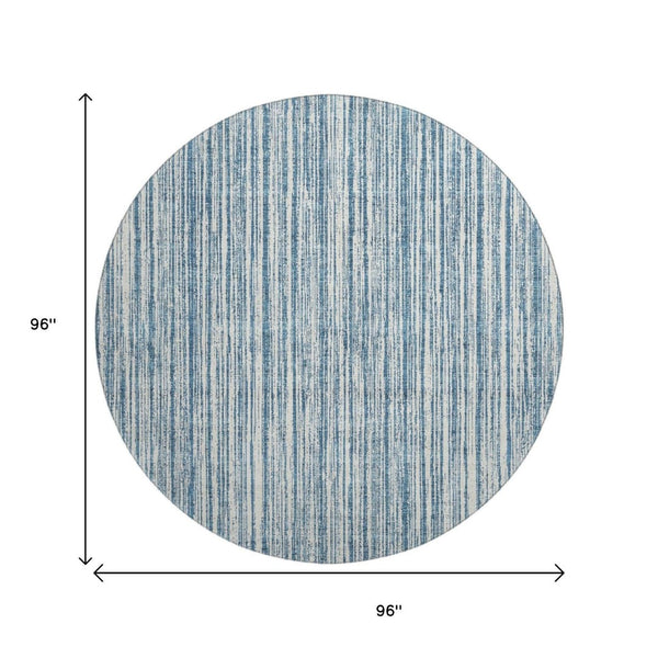 HomeRoots 8' Blue And Ivory Striped Round Rug - Washable, UV Protected, Durable Design for High-Traffic Spaces 663807