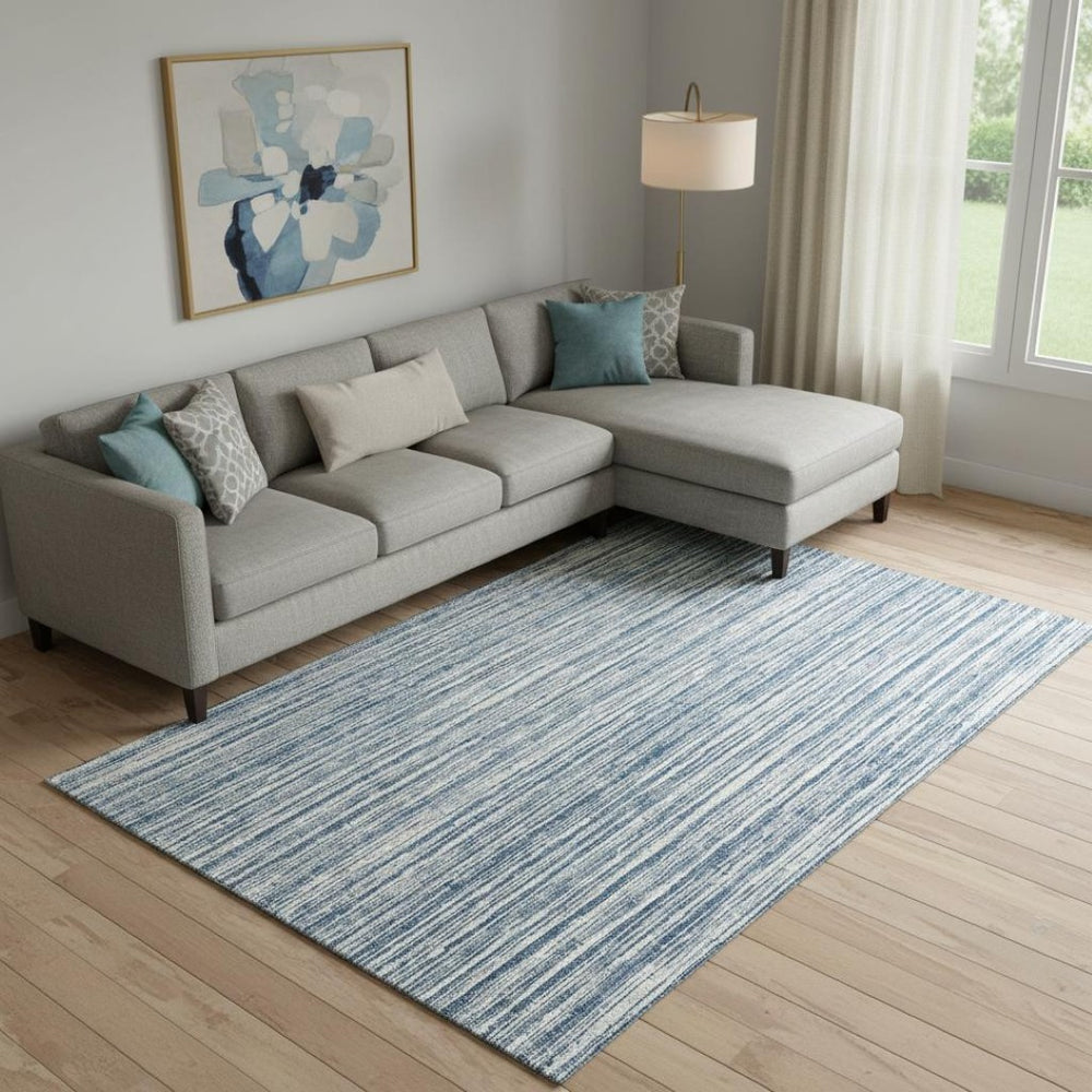 HomeRoots 9' X 12' Striped Blue And Ivory Area Rug with UV Protection - Durable, Stain Resistant & Washable! 663809