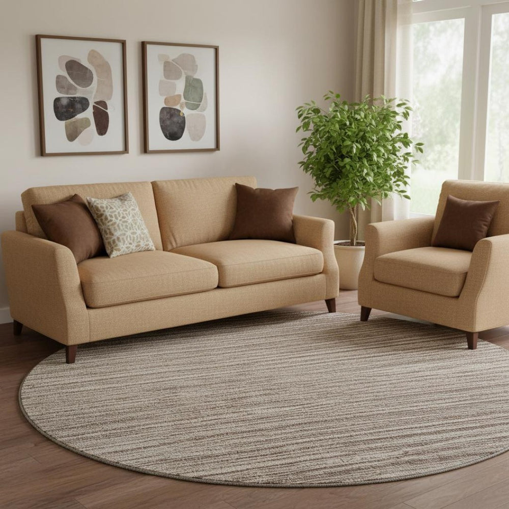 HomeRoots 8' Brown and Ivory Striped Washable Round Rug - Durable, UV Protected, Ideal for High-Traffic Spaces 663813