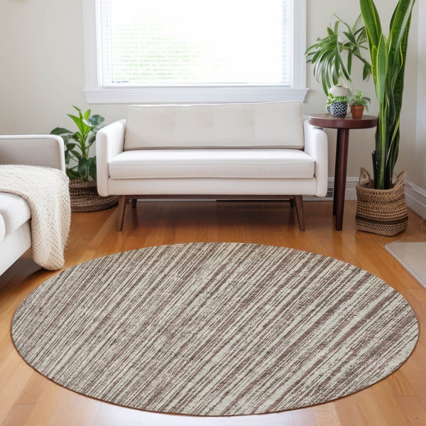 HomeRoots 8' Brown and Ivory Striped Washable Round Rug - Durable, UV Protected, Ideal for High-Traffic Spaces 663813