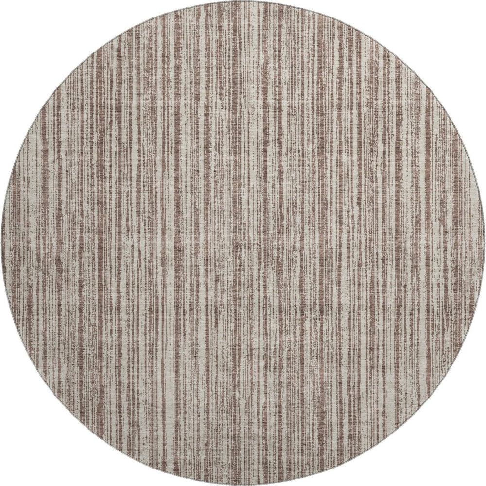 HomeRoots 8' Brown and Ivory Striped Washable Round Rug - Durable, UV Protected, Ideal for High-Traffic Spaces 663813
