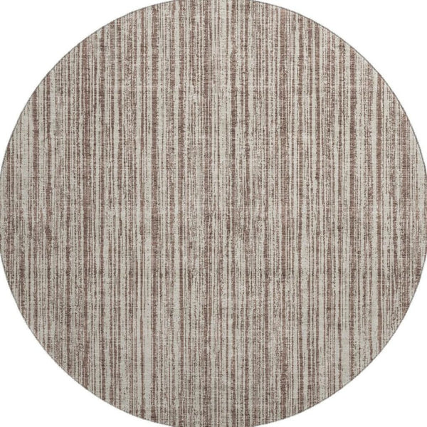 HomeRoots 8' Brown and Ivory Striped Washable Round Rug - Durable, UV Protected, Ideal for High-Traffic Spaces 663813