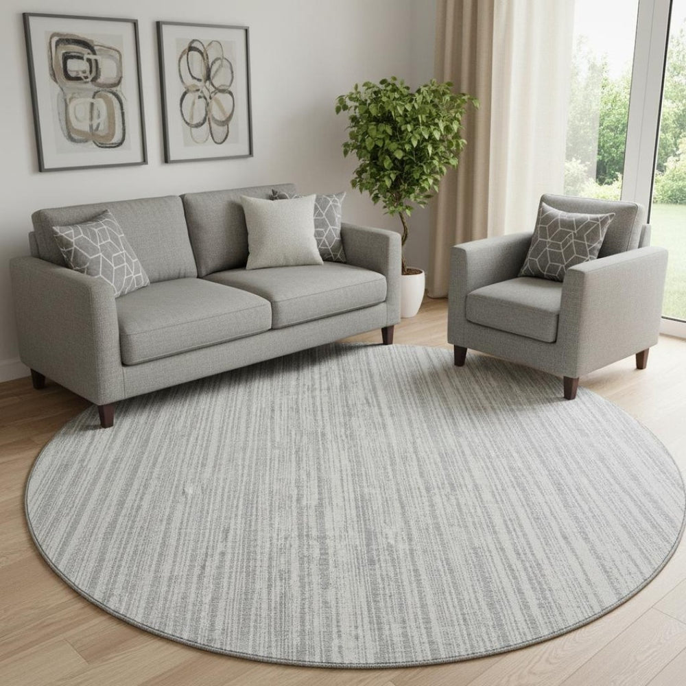 HomeRoots 8' Gray and Silver Striped Washable Round Rug - Stylish, UV Protected, Durable for Indoor & Outdoor Use 663819