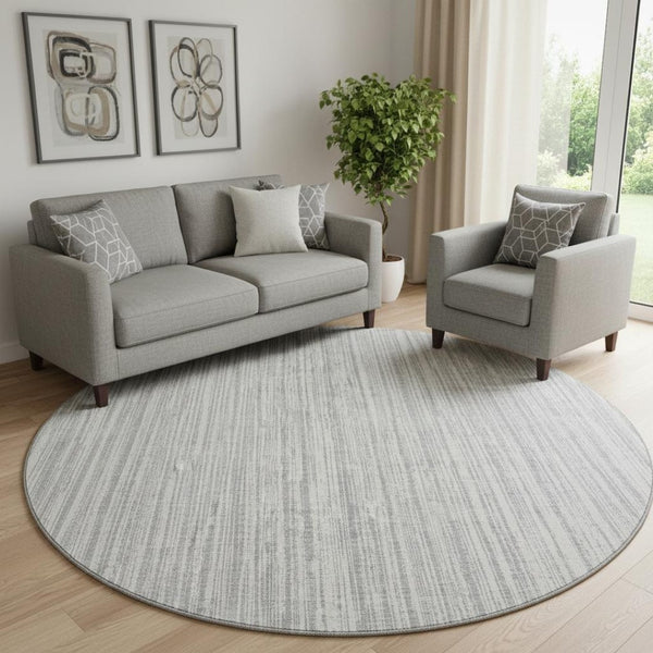 HomeRoots 8' Gray and Silver Striped Washable Round Rug - Stylish, UV Protected, Durable for Indoor & Outdoor Use 663819