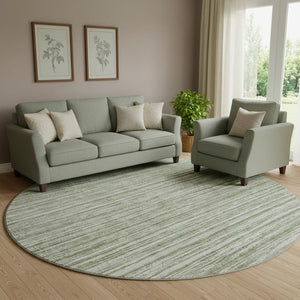 HomeRoots 8' Green Striped Round Rug - Washable, UV-Protected, Durable Polyester for Stylish Living Spaces 663825