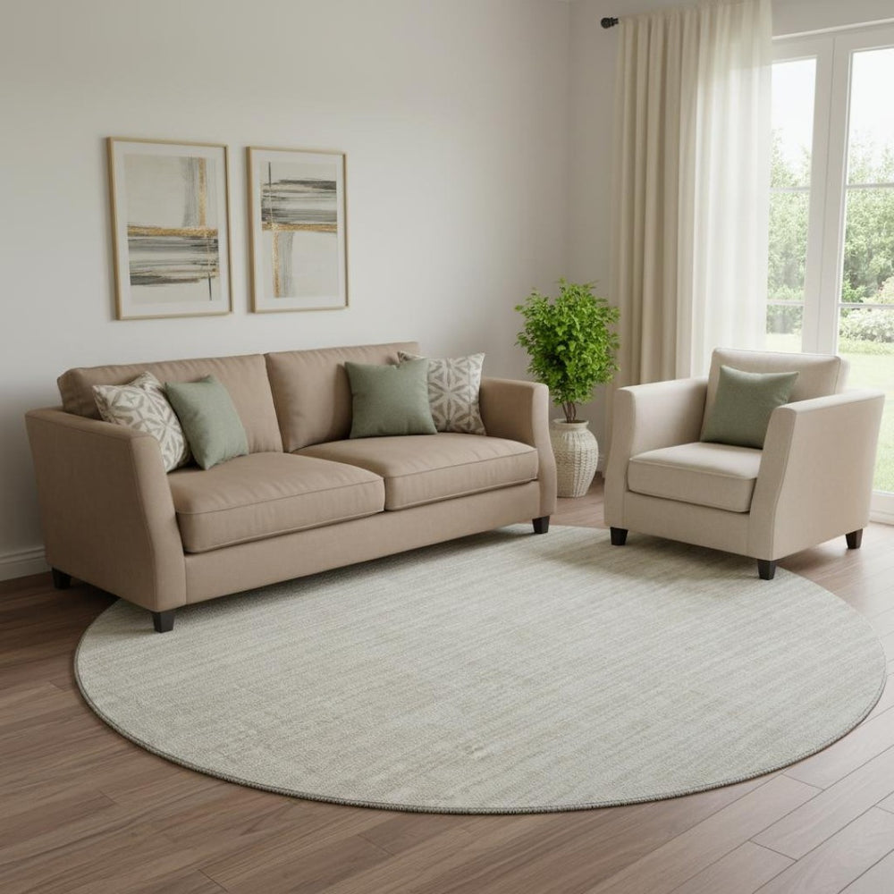 HomeRoots 8' Ivory and Beige Striped Washable Round Rug with UV Protection - Perfect for High-Traffic Areas! 663831
