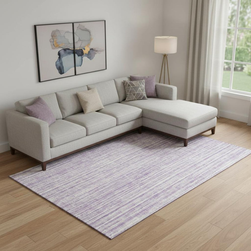 HomeRoots 9' X 12' Stylish Lavender & Ivory Striped Area Rug – Washable, UV Protected, Perfect for High-Traffic Spaces! 663839