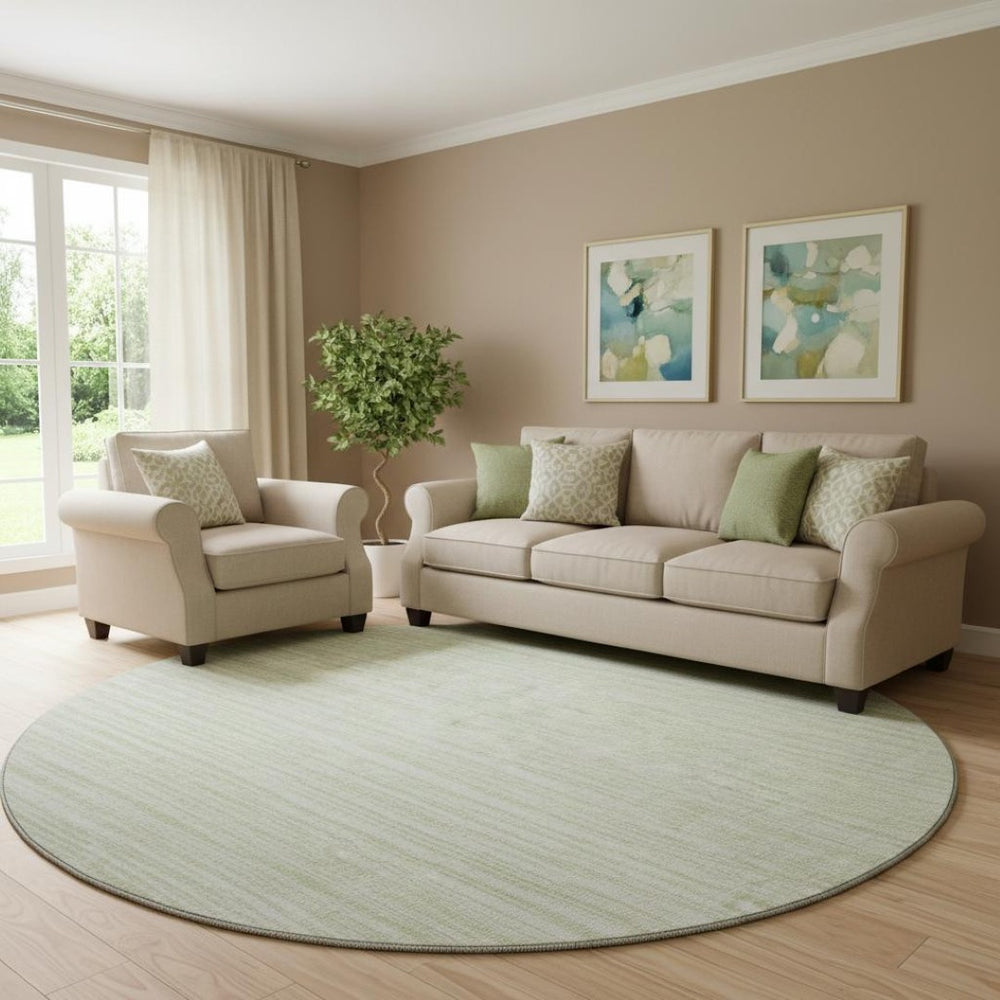 HomeRoots 8' Mint Green and Ivory Striped Washable Round Rug – Soft, Durable, UV-Protected for High-Traffic Areas 663843