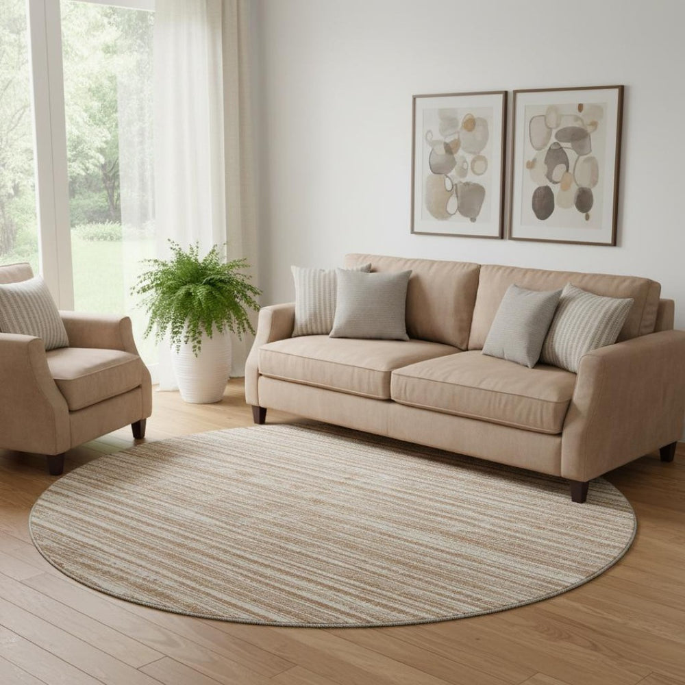 HomeRoots 8' Striped Washable Round Rug in Rust and Beige – Durable, UV-Protected, Perfect for Kids & Pets! 663849