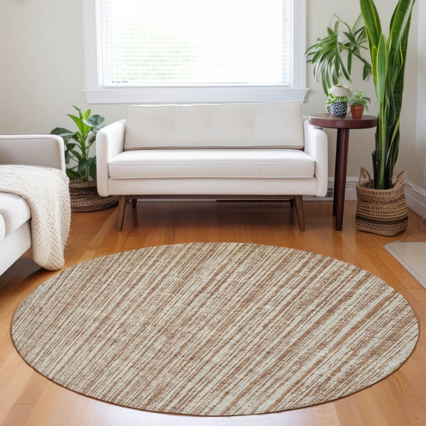 HomeRoots 8' Striped Washable Round Rug in Rust and Beige – Durable, UV-Protected, Perfect for Kids & Pets! 663849