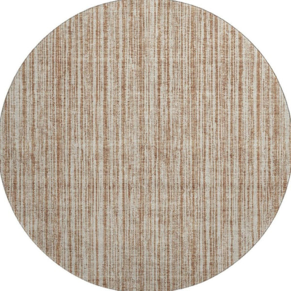 HomeRoots 8' Striped Washable Round Rug in Rust and Beige – Durable, UV-Protected, Perfect for Kids & Pets! 663849