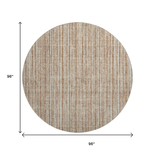 HomeRoots 8' Striped Washable Round Rug in Rust and Beige – Durable, UV-Protected, Perfect for Kids & Pets! 663849