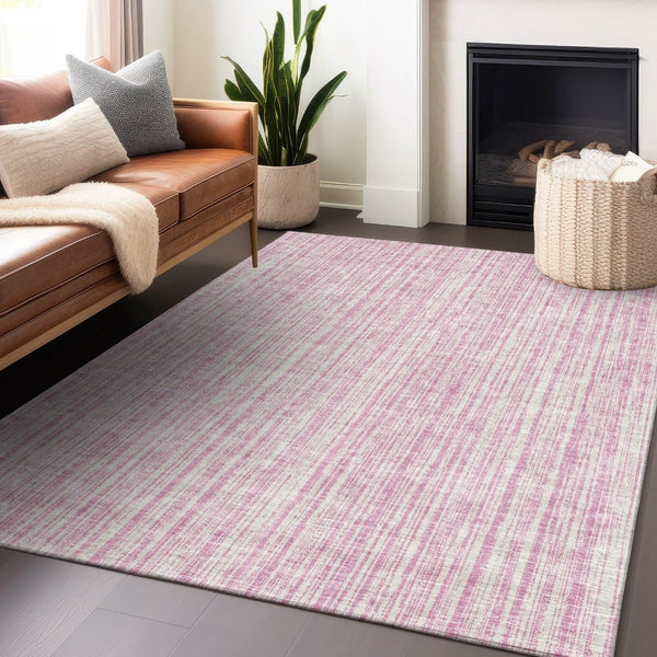 HomeRoots 5' X 8' Pink And Ivory Striped Area Rug - Durable, Washable, UV-Protected, Perfect for Families & Pets! 663854