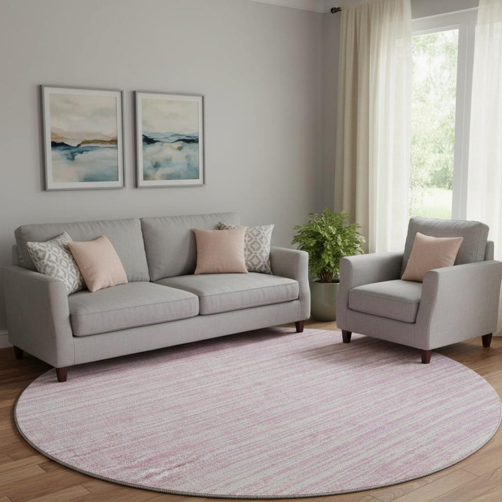 HomeRoots 8' Pink And Ivory Striped Round Rug – Washable, UV-Protected, Durable, Perfect for High-Traffic Areas 663855
