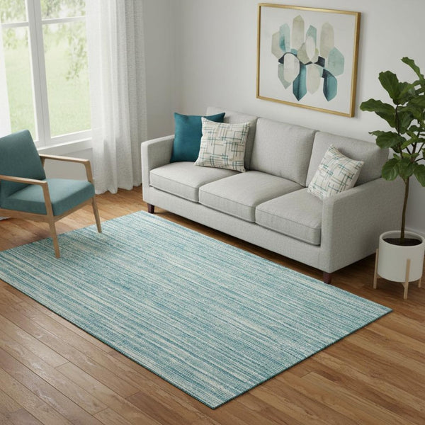 HomeRoots 5' X 8' Teal and Ivory Striped Area Rug - UV Protected, Stain Resistant, Perfect for Busy Homes! 663866