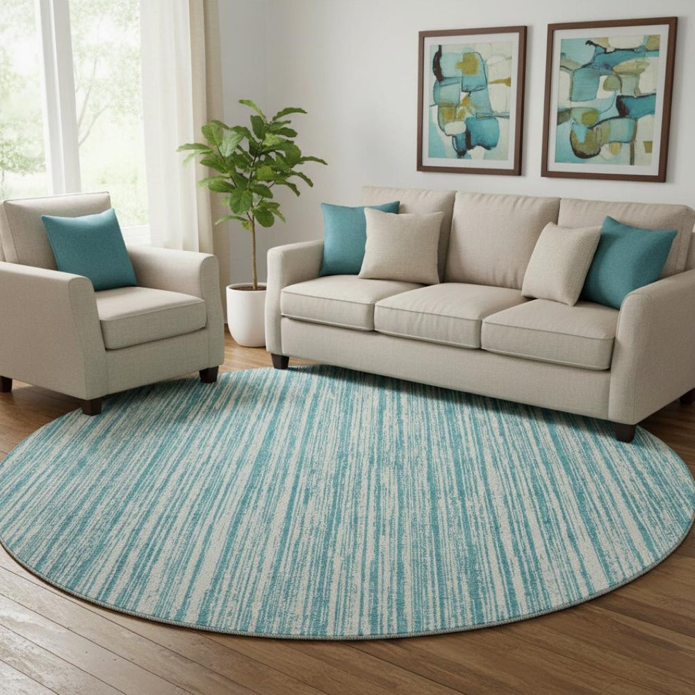 HomeRoots 8' Coastal-Inspired Teal and Ivory Striped Washable Round Rug with UV Protection for Indoor/Outdoor Use 663867