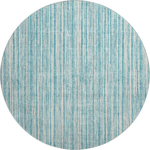 HomeRoots 8' Coastal-Inspired Teal and Ivory Striped Washable Round Rug with UV Protection for Indoor/Outdoor Use 663867