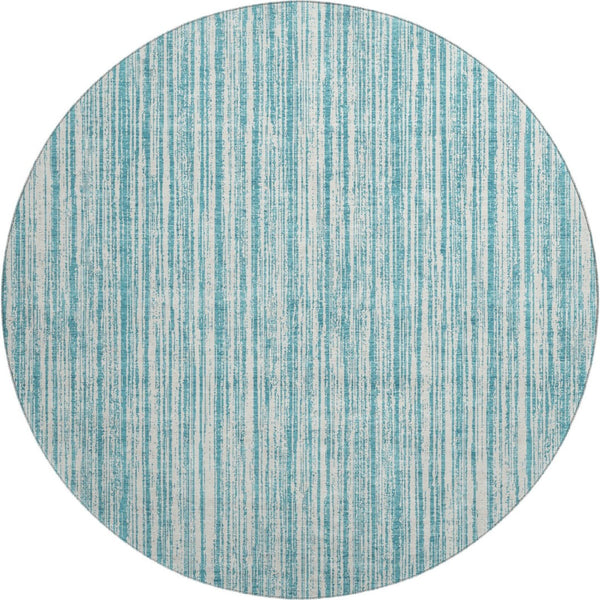 HomeRoots 8' Coastal-Inspired Teal and Ivory Striped Washable Round Rug with UV Protection for Indoor/Outdoor Use 663867