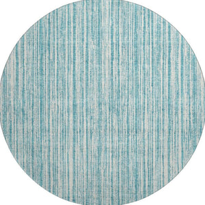 HomeRoots 8' Coastal-Inspired Teal and Ivory Striped Washable Round Rug with UV Protection for Indoor/Outdoor Use 663867