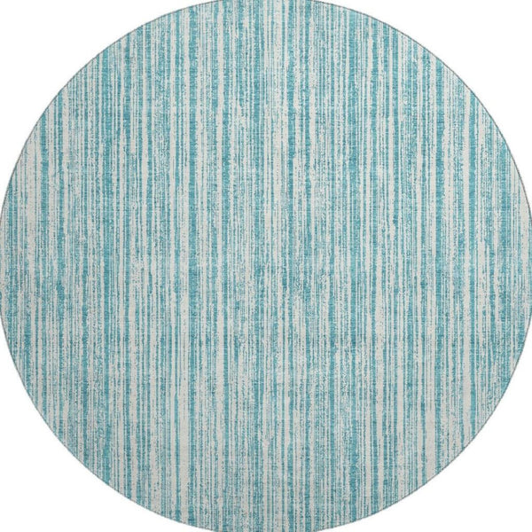 HomeRoots 8' Coastal-Inspired Teal and Ivory Striped Washable Round Rug with UV Protection for Indoor/Outdoor Use 663867