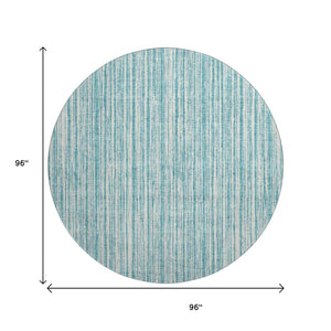 HomeRoots 8' Coastal-Inspired Teal and Ivory Striped Washable Round Rug with UV Protection for Indoor/Outdoor Use 663867