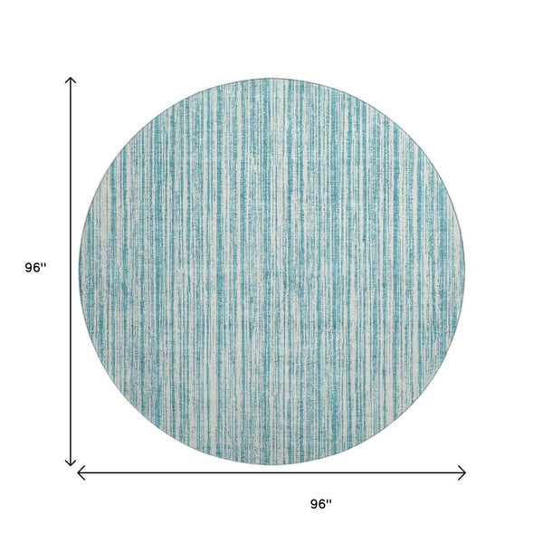 HomeRoots 8' Coastal-Inspired Teal and Ivory Striped Washable Round Rug with UV Protection for Indoor/Outdoor Use 663867