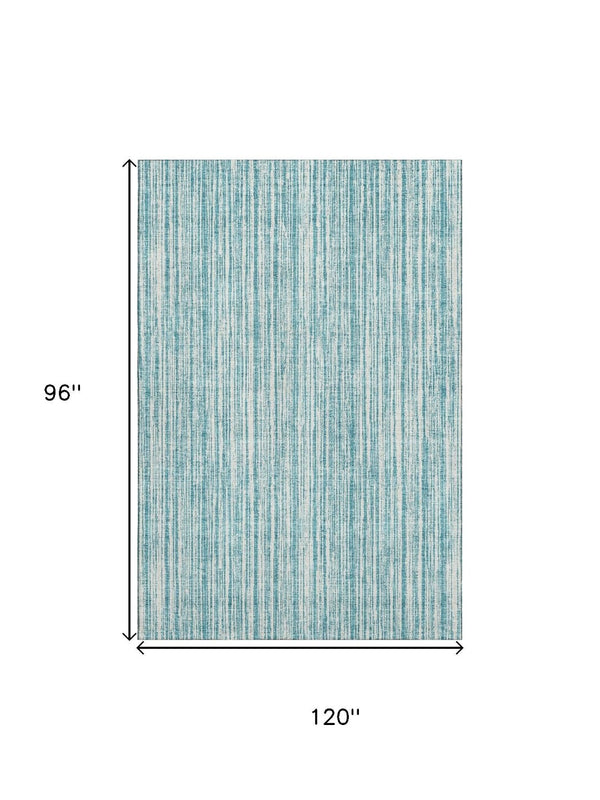 HomeRoots 8' X 10' Teal and Ivory Striped Washable Area Rug with UV Protection for Indoor/Outdoor Use 663868