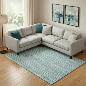 HomeRoots 8' X 10' Teal and Ivory Striped Washable Area Rug with UV Protection for Indoor/Outdoor Use 663868