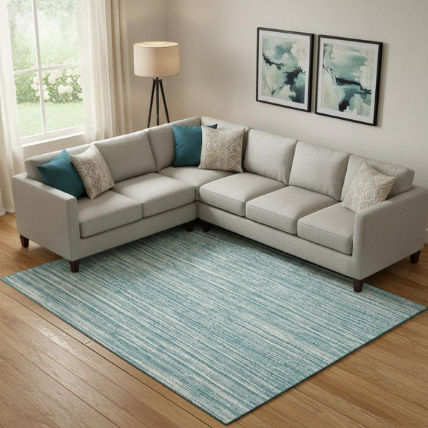 HomeRoots 9' X 12' Teal and Ivory Striped Area Rug – Washable, UV Protected, Stain Resistant for Busy Homes! 663869