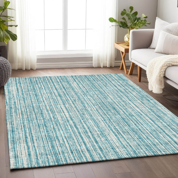HomeRoots 10' X 14' Stylish Teal & Ivory Striped Washable Area Rug with UV Protection for Homes with Kids & Pets 663870
