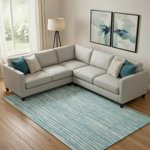 HomeRoots 10' X 14' Stylish Teal & Ivory Striped Washable Area Rug with UV Protection for Homes with Kids & Pets 663870