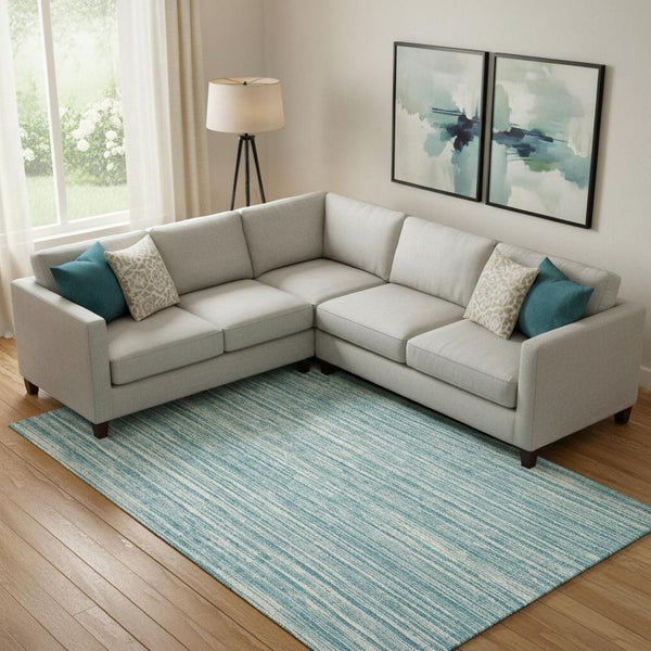 HomeRoots 10' X 14' Stylish Teal & Ivory Striped Washable Area Rug with UV Protection for Homes with Kids & Pets 663870