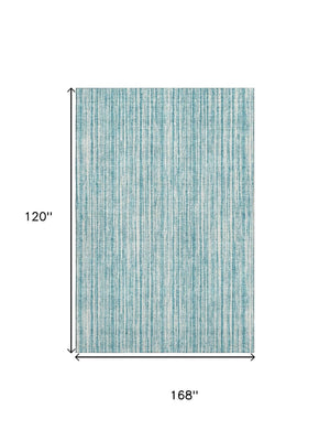 HomeRoots 10' X 14' Stylish Teal & Ivory Striped Washable Area Rug with UV Protection for Homes with Kids & Pets 663870