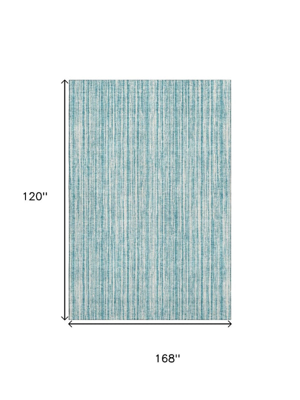 HomeRoots 10' X 14' Stylish Teal & Ivory Striped Washable Area Rug with UV Protection for Homes with Kids & Pets 663870