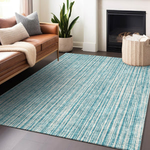 HomeRoots 10' X 14' Stylish Teal & Ivory Striped Washable Area Rug with UV Protection for Homes with Kids & Pets 663870