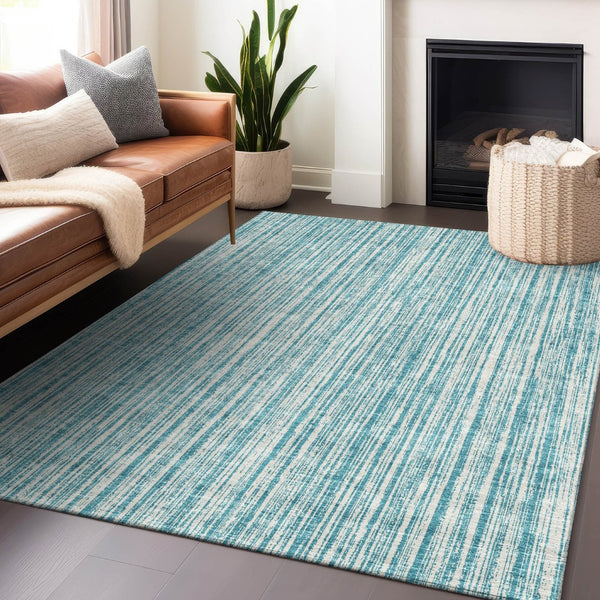 HomeRoots 10' X 14' Stylish Teal & Ivory Striped Washable Area Rug with UV Protection for Homes with Kids & Pets 663870