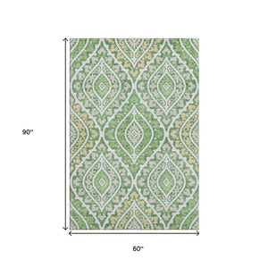 HomeRoots 5' X 8' Washable Area Rug with Green, Ivory & Gold Diamonds – UV Protected, Stylish & Durable Design 663896