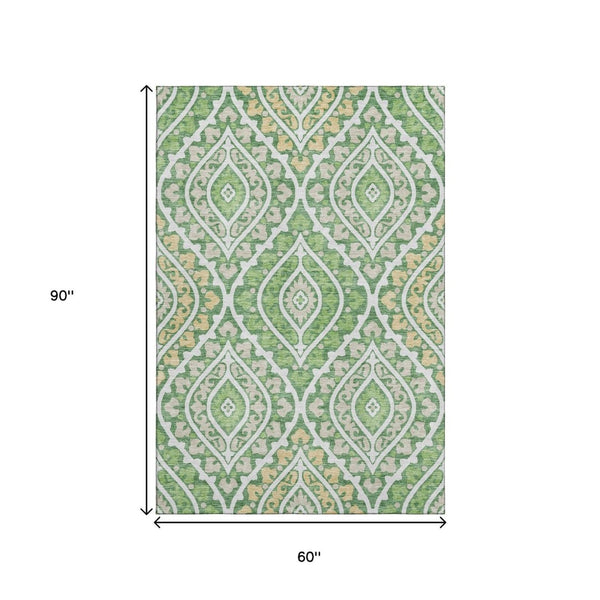 HomeRoots 5' X 8' Washable Area Rug with Green, Ivory & Gold Diamonds – UV Protected, Stylish & Durable Design 663896